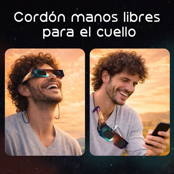 Un hombre con las gafas de eclipse Helioclipse puestas y otro con ellas colgadas del cordón de cuello manos libres