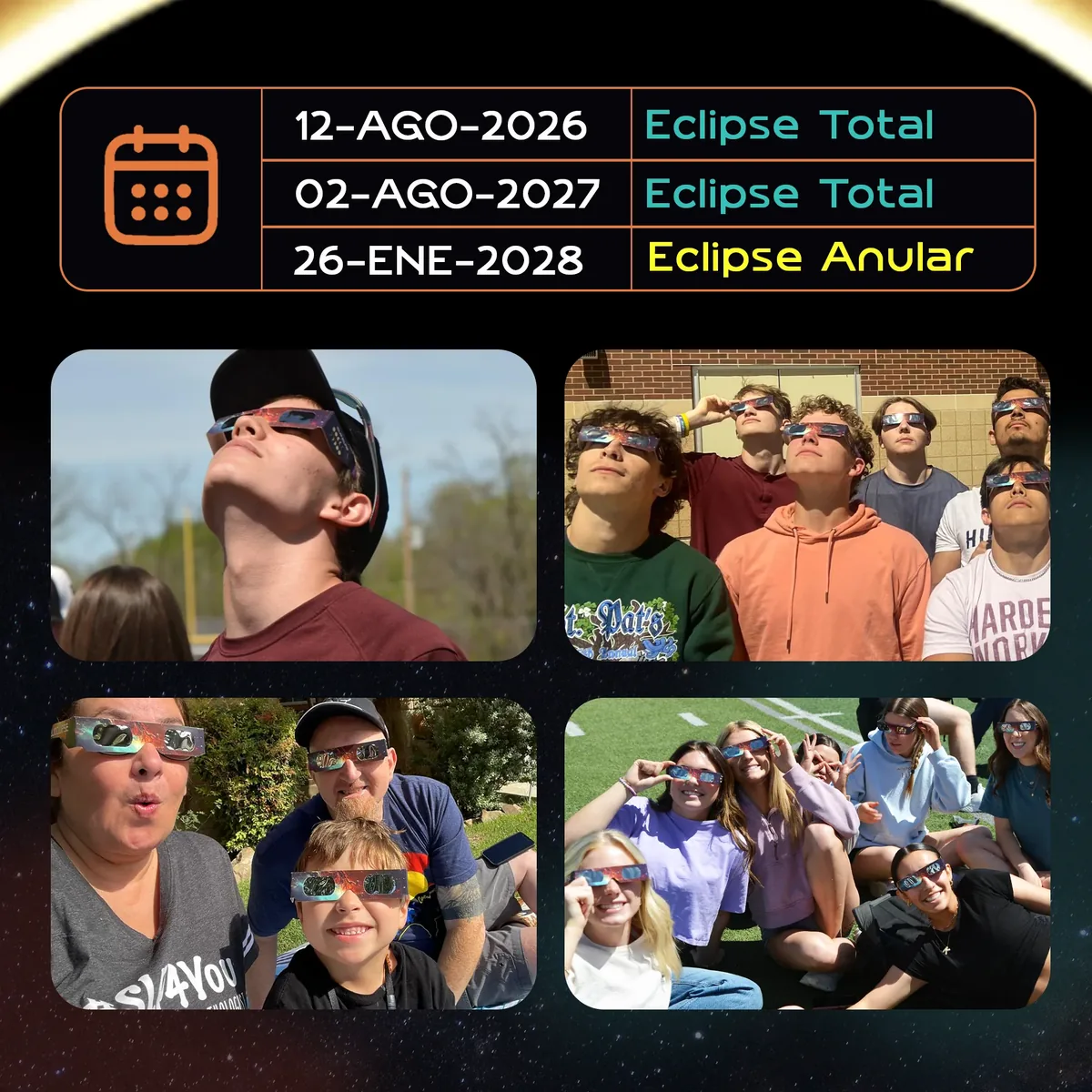 Calendario de los tres eclipses impresos en la patilla —total del 12-08-2026, total del 02-08-2027 y anular del 26-01-2028— y cuatro fotos de gente usando las gafas Helioclipse