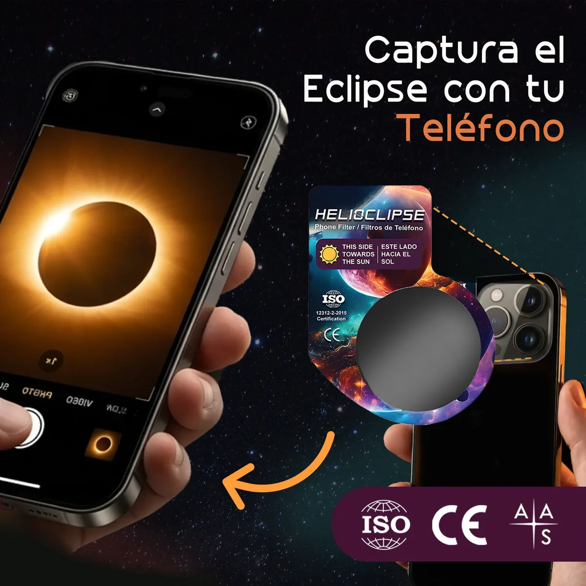 El filtro solar de objetivo que incluye cada pack, colocado delante de la cámara de un teléfono móvil para fotografiar el eclipse