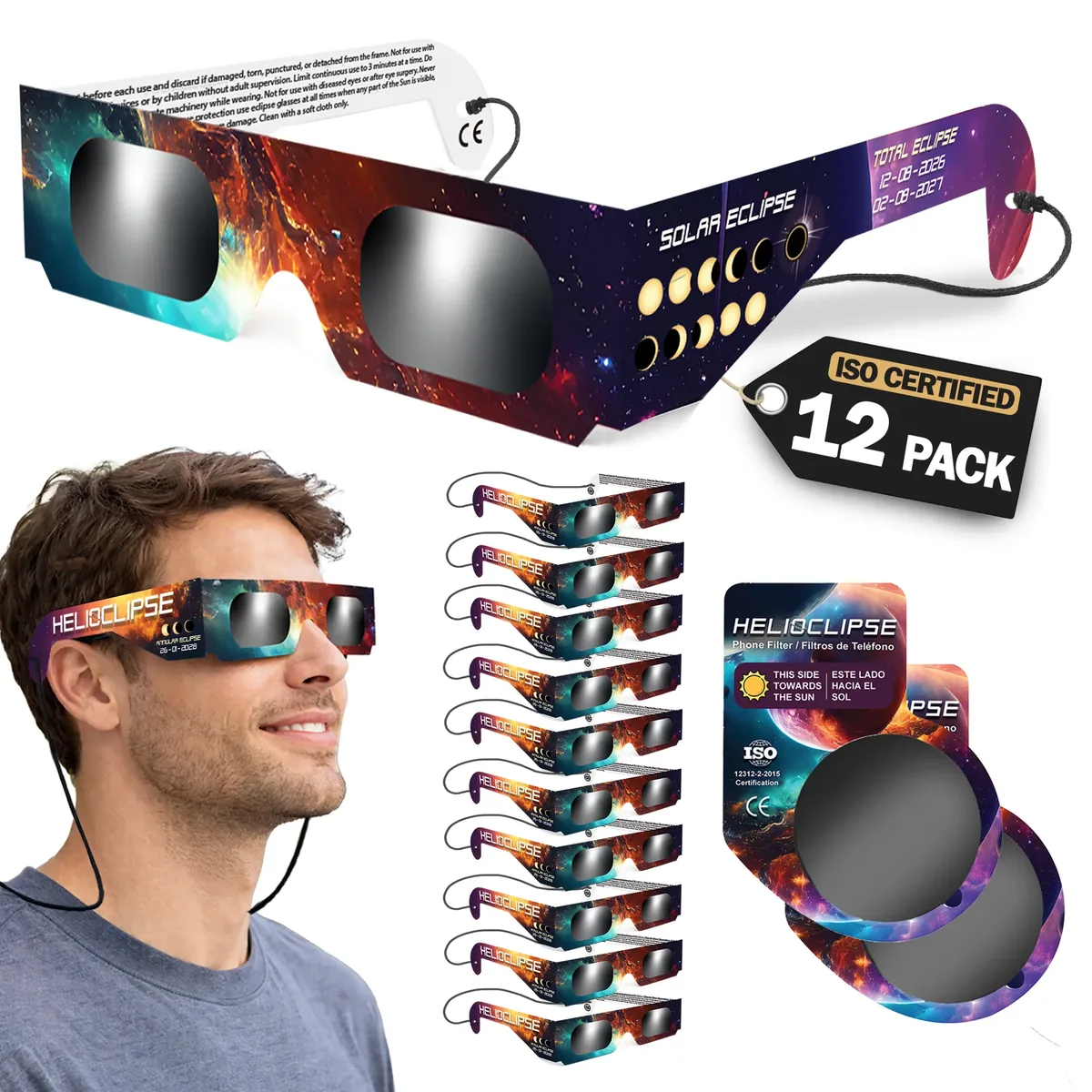 Pack de 12 gafas de eclipse Helioclipse desplegadas en abanico sobre fondo blanco, con la etiqueta «ISO Certified 12 Pack»