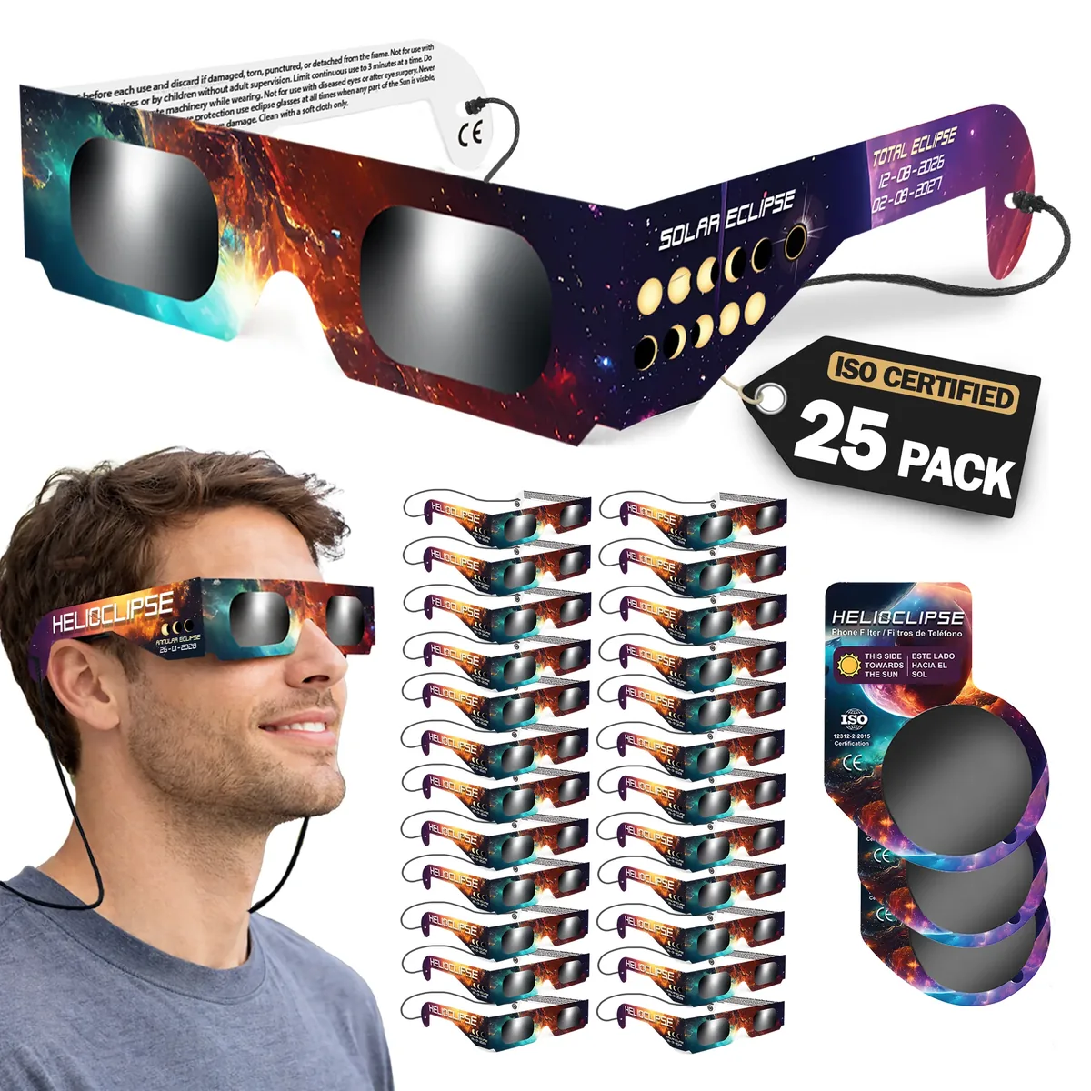 Pack de 25 gafas de eclipse Helioclipse desplegadas en filas sobre fondo blanco, con la etiqueta «ISO Certified 25 Pack»
