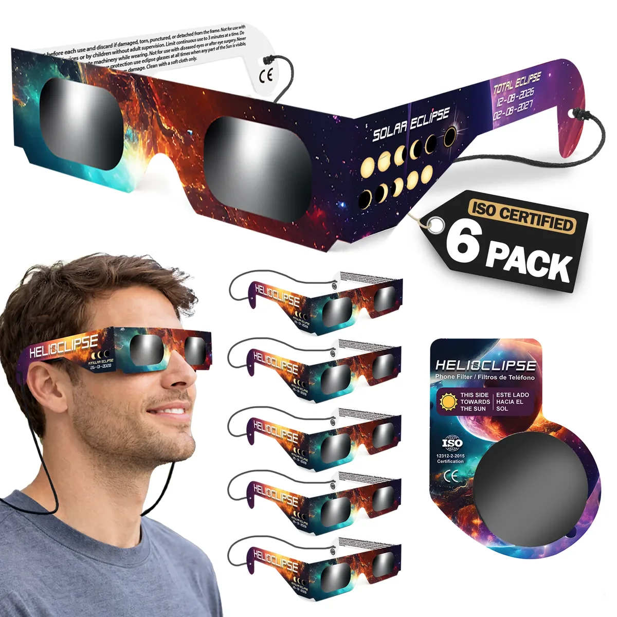 Pack de 6 gafas de eclipse Helioclipse: las gafas de cartón con estampado de galaxia en abanico, un hombre llevándolas puestas y la etiqueta «ISO Certified 6 Pack»