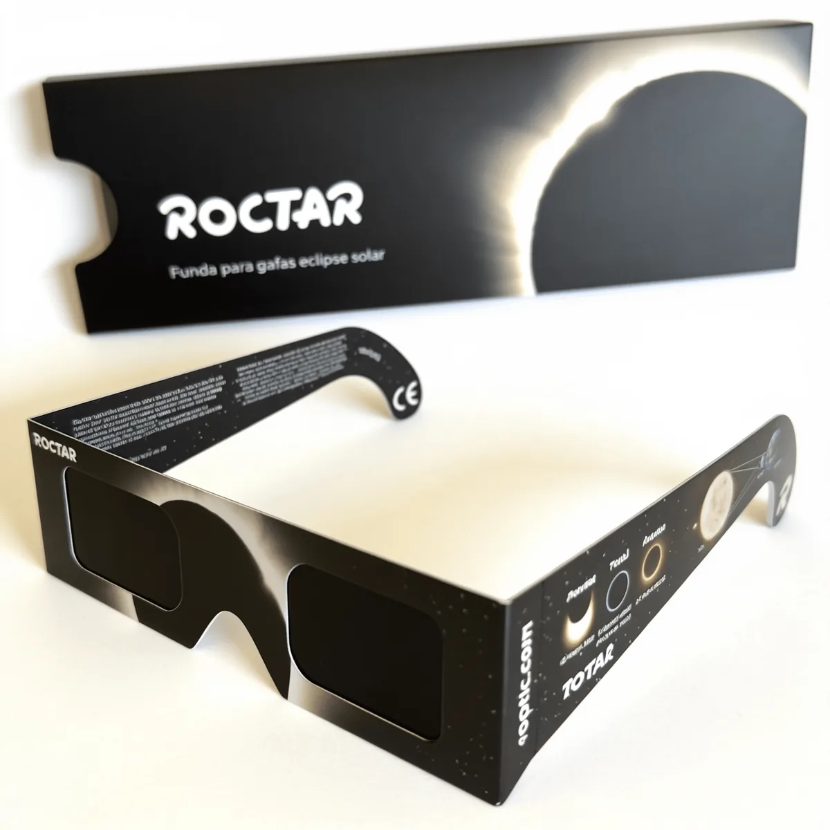 Gafas de eclipse ROPTIC con el marcado CE junto a su funda de cartón ROCTAR para guardarlas
