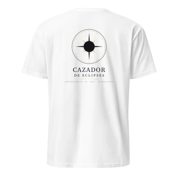 Camiseta del eclipse · por delante y por detrás, diseño «Cazador de eclipses», en color blanco