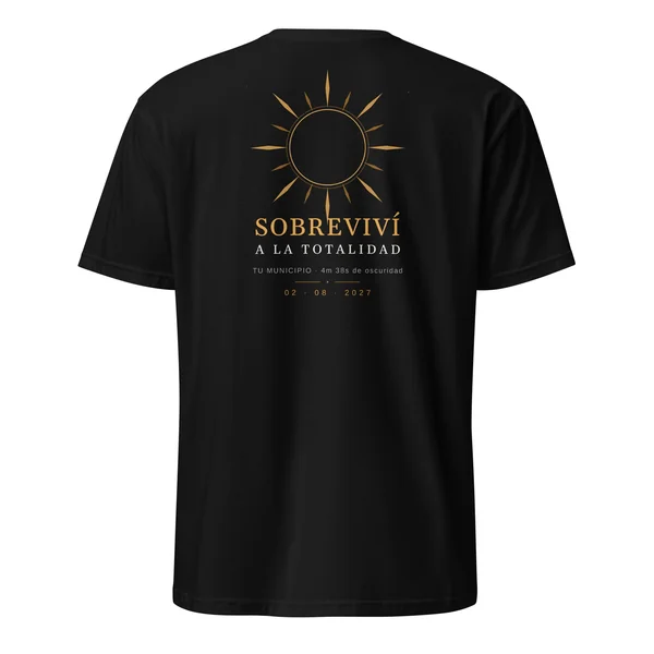 Samarreta de l’eclipsi · davant i darrere en color negre. Eclipsi total del 2 d’agost del 2027. Disseny «Vaig sobreviure a la totalitat», pel darrere. Porta impresos el nom del municipi, l’hora del màxim i, si allà l’eclipsi és total, quant dura
