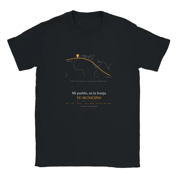 Camiseta del eclipse · niño, diseño «Mi pueblo, en la franja (2027)», en color negro
