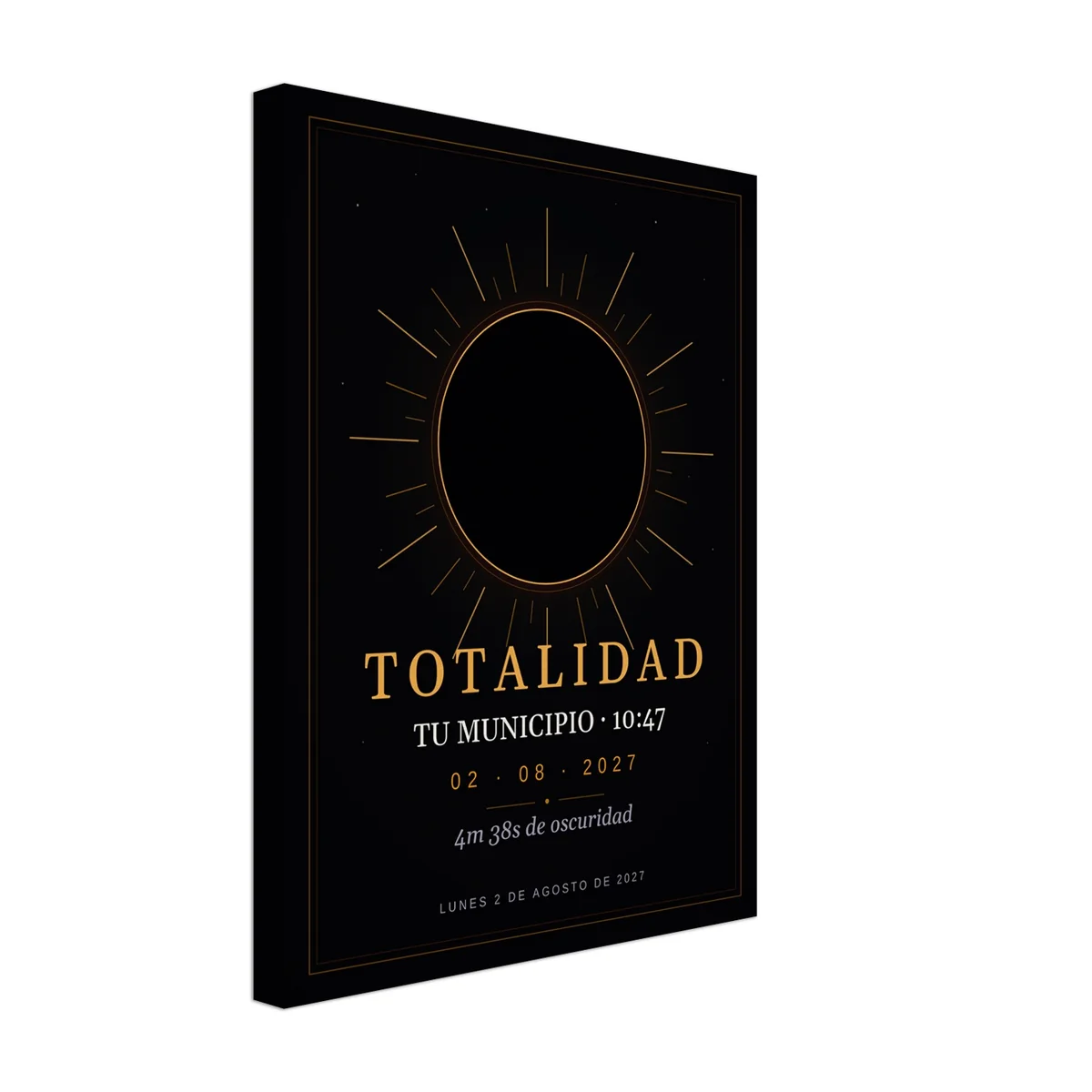 Llenç de l’eclipsi. Eclipsi total del 2 d’agost del 2027. Disseny «Totalitat», estampació gran en una cara. Porta impresos el nom del municipi, l’hora del màxim i, si allà l’eclipsi és total, quant dura
