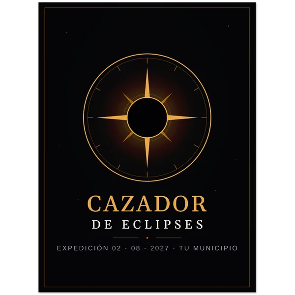 Pòster de l’eclipsi. Eclipsi total del 2 d’agost del 2027. Disseny «Caçador d’eclipsis», estampació gran en una cara. Porta impresos el nom del municipi, l’hora del màxim i, si allà l’eclipsi és total, quant dura