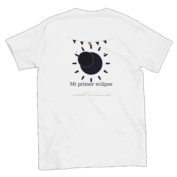 Camiseta del eclipse · por delante y por detrás, diseño «Mi primer eclipse», en color blanco