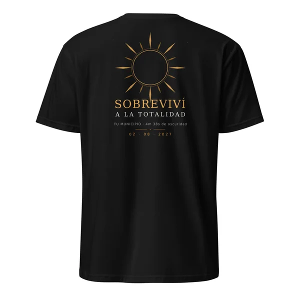 Camiseta del eclipse · por delante y por detrás en color negro. Eclipse total del 2 de agosto de 2027. Diseño «Sobreviví a la totalidad», por detrás. Lleva impresos el nombre del municipio, la hora del máximo y, si allí el eclipse es total, cuánto dura