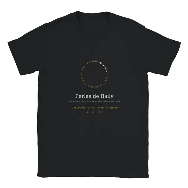 Camiseta del eclipse · niño en color negro. Eclipse total del 12 de agosto de 2026. Diseño «Perlas de Baily», estampación de 30 × 40 cm en el pecho. Lleva impresos el nombre del municipio, su hora de la totalidad y cuánto dura