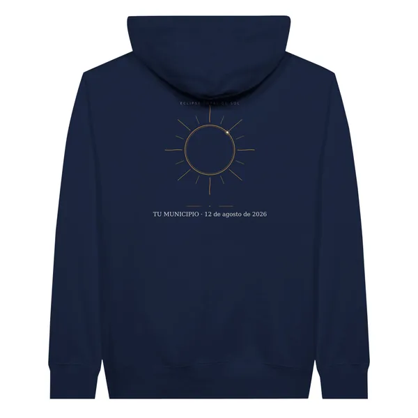 Hoodie del eclipse · por delante y por detrás en color azul marino. Eclipse total del 12 de agosto de 2026. Diseño «Corona», por detrás. Lleva impresos el nombre del municipio, su hora de la totalidad y cuánto dura