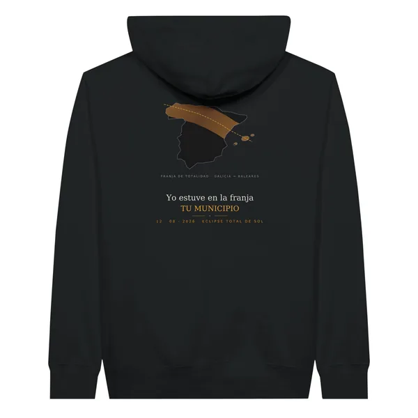 Hoodie del eclipse · por delante y por detrás en color negro. Eclipse total del 12 de agosto de 2026. Diseño «Franja», por detrás. Lleva impresos el nombre del municipio, su hora de la totalidad y cuánto dura