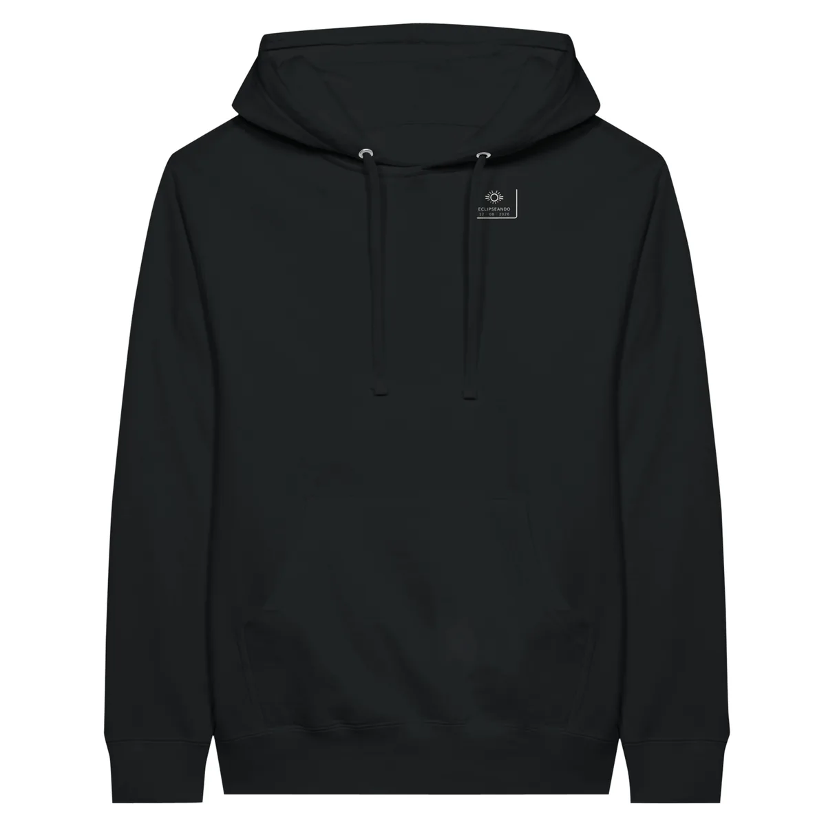 Hoodie del eclipse · por delante y por detrás en color negro. Eclipse total del 12 de agosto de 2026. Diseño «», sello pequeño fijo en el pecho (5,6 cm) y estampación de 30 × 40 cm en la espalda. Lleva impresos el nombre del municipio, su hora de la totalidad y cuánto dura