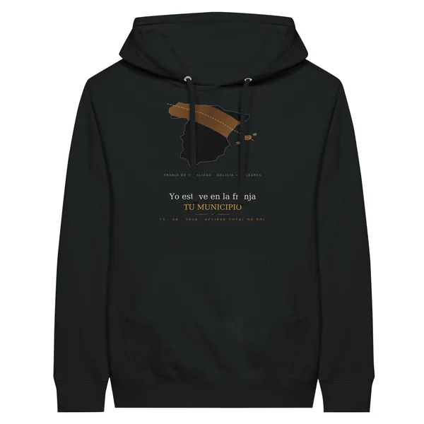 Hoodie del eclipse en color negro. Eclipse total del 12 de agosto de 2026. Diseño «Franja», estampación de 30 × 40 cm en el pecho. Lleva impresos el nombre del municipio, su hora de la totalidad y cuánto dura