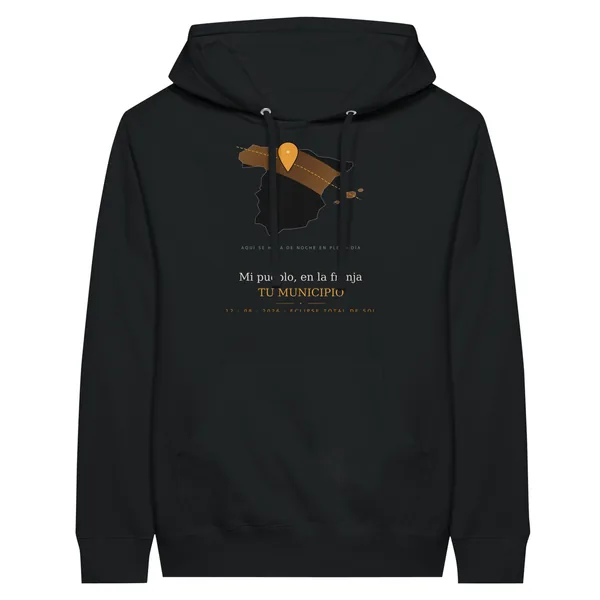Hoodie del eclipse, diseño «Mi pueblo en la franja», en color negro
