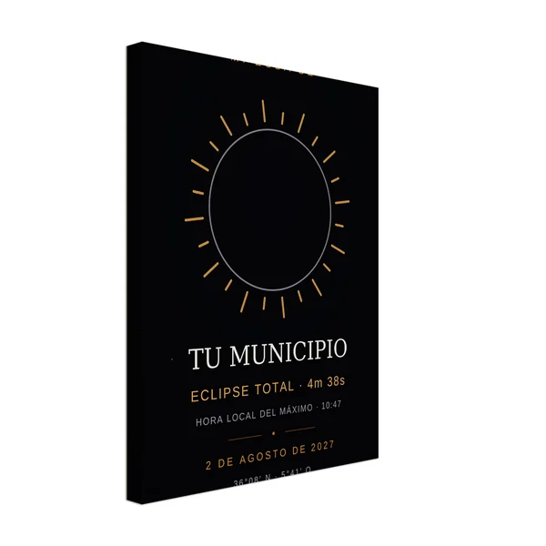 Lienzo del eclipse. Eclipse total del 2 de agosto de 2027. Diseño «Mi eclipse», estampación grande en una cara. Lleva impresos el nombre del municipio, la hora del máximo y, si allí el eclipse es total, cuánto dura