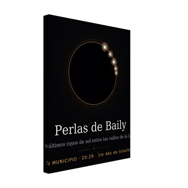 Lienzo del eclipse. Eclipse total del 12 de agosto de 2026. Diseño «Perlas de Baily», estampación grande en una cara. Lleva impresos el nombre del municipio, su hora de la totalidad y cuánto dura