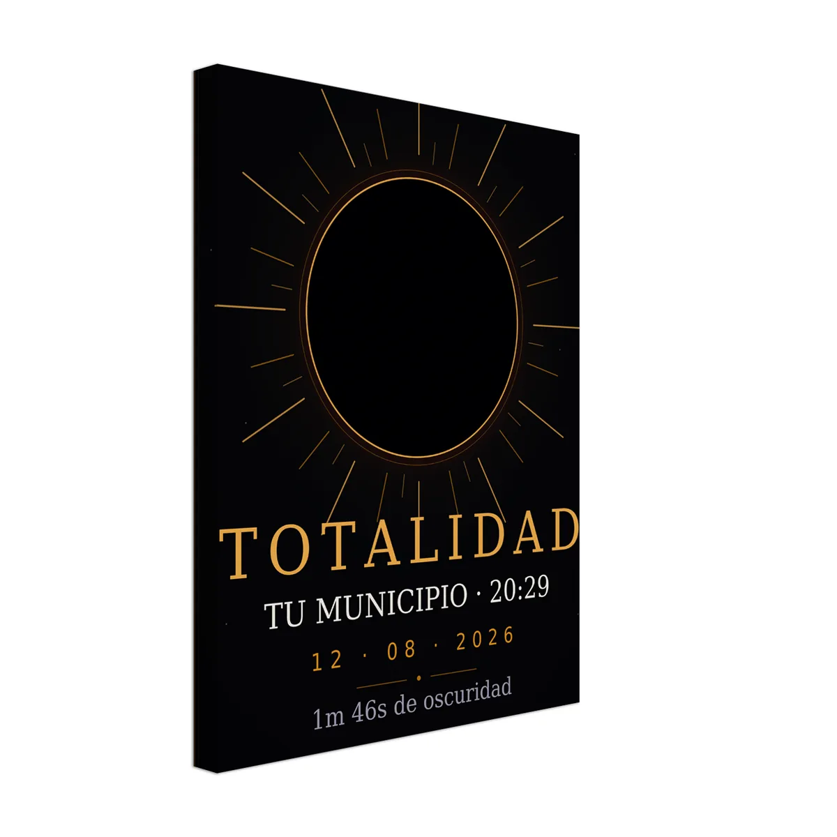 Lienzo del eclipse. Eclipse total del 12 de agosto de 2026. Diseño «Totalidad», estampación grande en una cara. Lleva impresos el nombre del municipio, su hora de la totalidad y cuánto dura