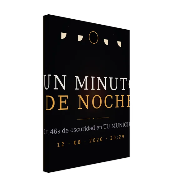 Lienzo del eclipse. Eclipse total del 12 de agosto de 2026. Diseño «Un minuto de noche», estampación grande en una cara. Lleva impresos el nombre del municipio, su hora de la totalidad y cuánto dura