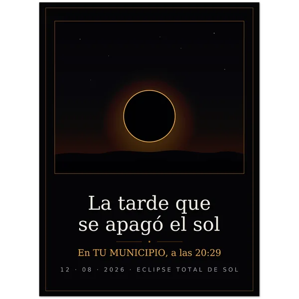 Póster del eclipse. Eclipse total del 12 de agosto de 2026. Diseño «La tarde que se apagó el sol», estampación grande en una cara. Lleva impresos el nombre del municipio, su hora de la totalidad y cuánto dura