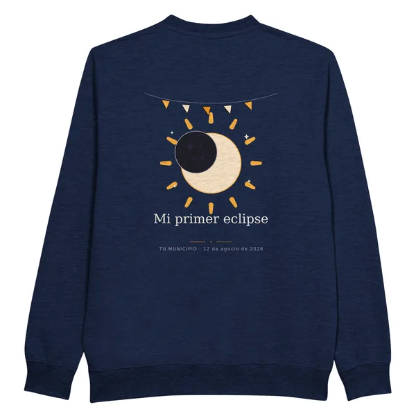 Dessuadora de l’eclipsi · davant i darrere, disseny «El meu primer eclipsi», en color blau marí