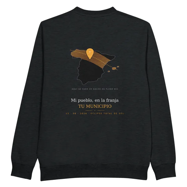 Sudadera del eclipse · por delante y por detrás en color negro. Eclipse total del 12 de agosto de 2026. Diseño «Mi pueblo en la franja», por detrás. Lleva impresos el nombre del municipio, su hora de la totalidad y cuánto dura