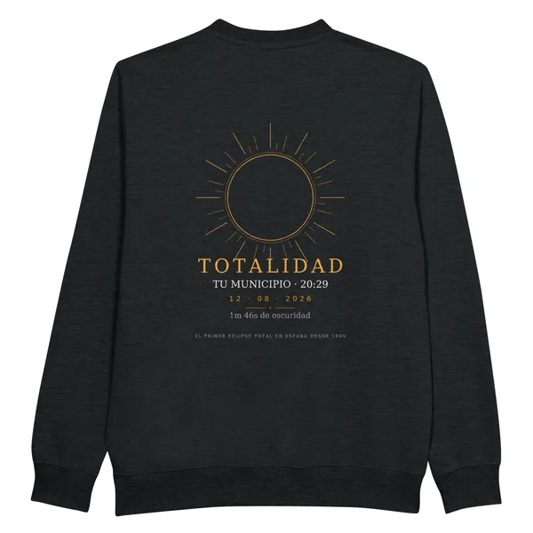 Sudadera del eclipse · por delante y por detrás en color negro. Eclipse total del 12 de agosto de 2026. Diseño «Totalidad», por detrás. Lleva impresos el nombre del municipio, su hora de la totalidad y cuánto dura