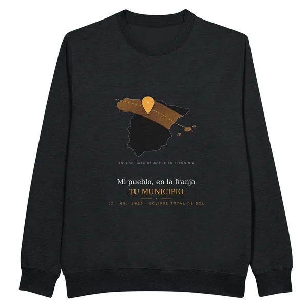Sudadera del eclipse en color negro. Eclipse total del 12 de agosto de 2026. Diseño «Mi pueblo en la franja», estampación de 30 × 40 cm en el pecho. Lleva impresos el nombre del municipio, su hora de la totalidad y cuánto dura
