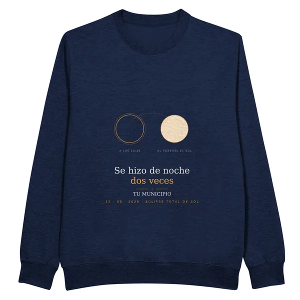 Sudadera del eclipse, diseño «Se hizo de noche dos veces», en color azul marino