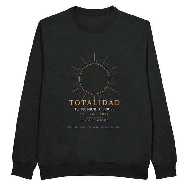 Sudadera del eclipse en color negro. Eclipse total del 12 de agosto de 2026. Diseño «Totalidad», estampación de 30 × 40 cm en el pecho. Lleva impresos el nombre del municipio, su hora de la totalidad y cuánto dura
