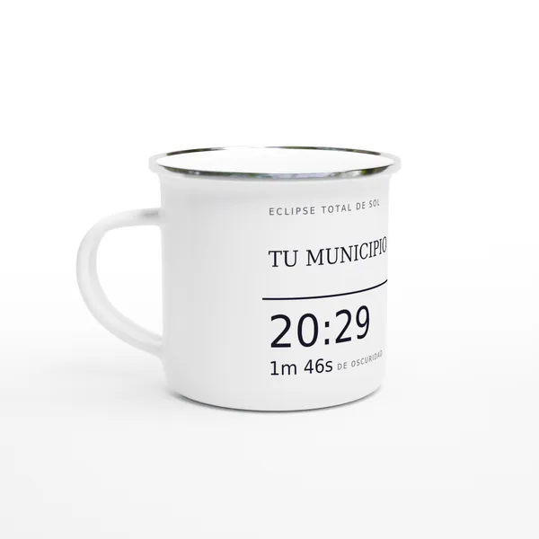 Taza de campamento del eclipse. Eclipse total del 12 de agosto de 2026. Diseño «La línea de la totalidad», impresión envolvente, da la vuelta a la pieza. Lleva impresos el nombre del municipio, su hora de la totalidad y cuánto dura