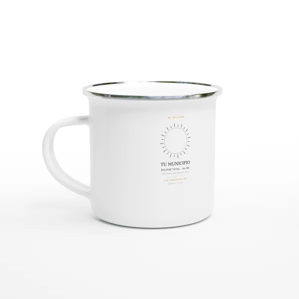 Taza de campamento del eclipse. Eclipse total del 2 de agosto de 2027. Diseño «Mi eclipse», impresión envolvente, da la vuelta a la pieza. Lleva impresos el nombre del municipio, la hora del máximo y, si allí el eclipse es total, cuánto dura