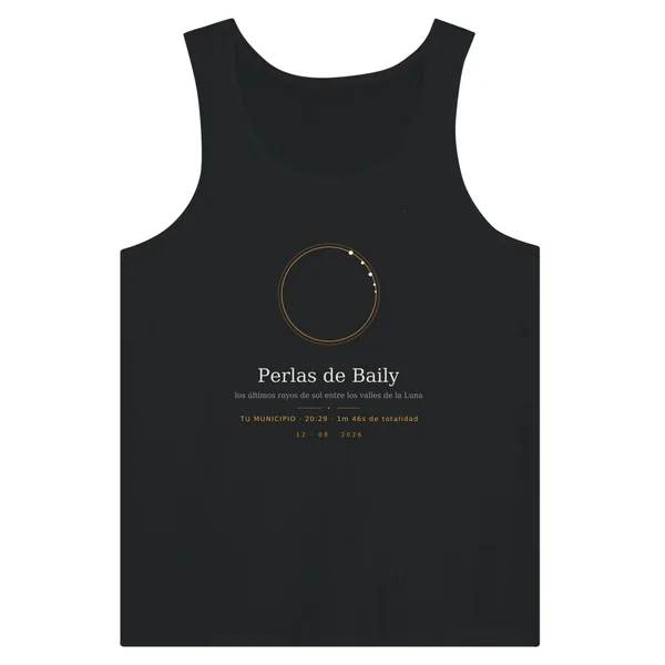 Top de tirantes del eclipse en color negro. Eclipse total del 12 de agosto de 2026. Diseño «Perlas de Baily», estampación de 30 × 40 cm en el pecho. Lleva impresos el nombre del municipio, su hora de la totalidad y cuánto dura