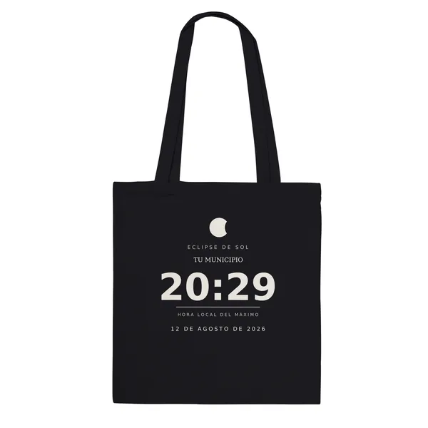Bolsa de tela del eclipse en color negro. Eclipse total del 12 de agosto de 2026. Diseño «La hora exacta», estampación grande en una cara. Lleva impresos el nombre del municipio, su hora de la totalidad y cuánto dura