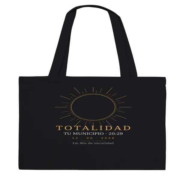 Bolsa de tela del eclipse en color negro. Eclipse total del 12 de agosto de 2026. Diseño «Totalidad», estampación grande en una cara. Lleva impresos el nombre del municipio, su hora de la totalidad y cuánto dura