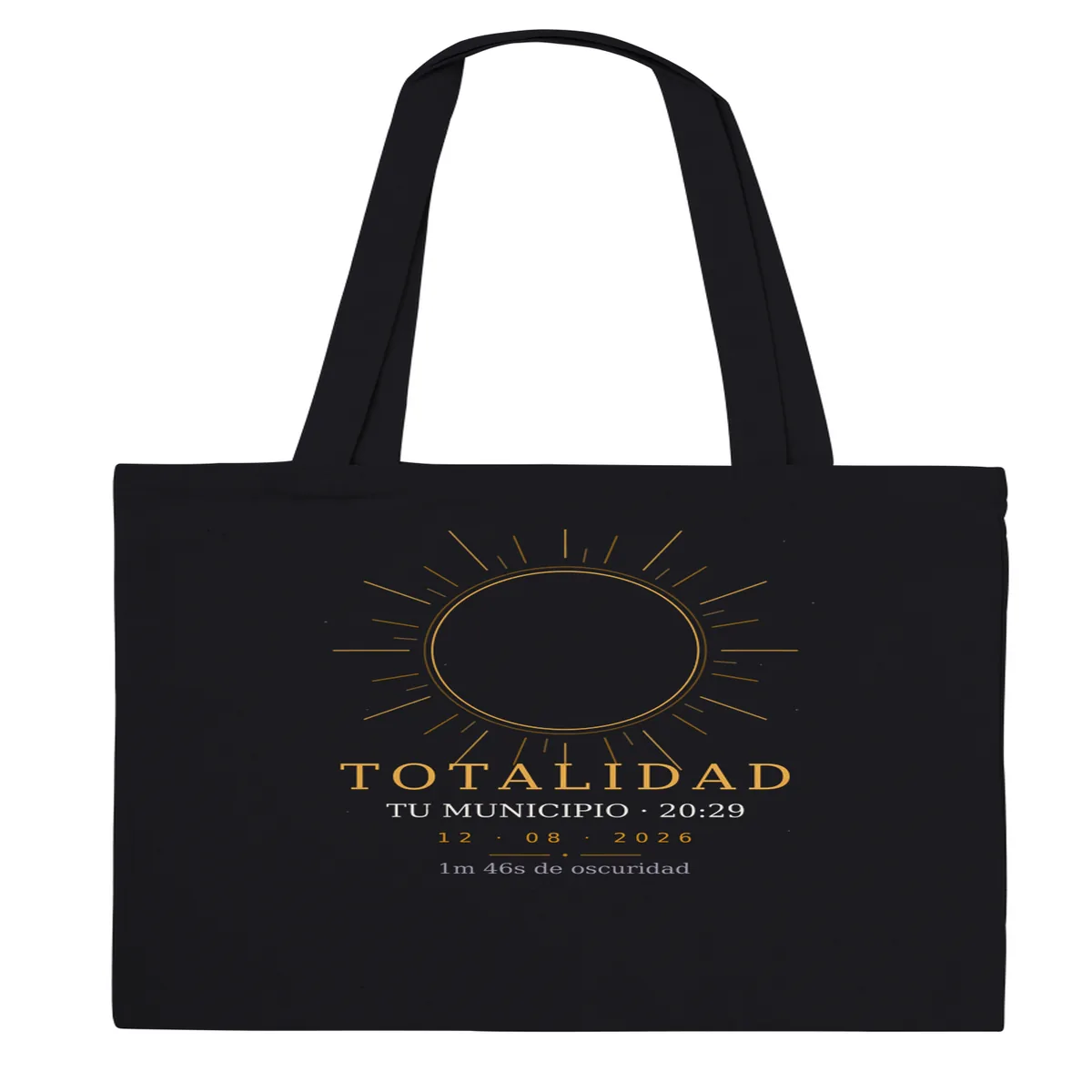 Bolsa de tela del eclipse en color negro. Eclipse total del 12 de agosto de 2026. Diseño «Totalidad», estampación grande en una cara. Lleva impresos el nombre del municipio, su hora de la totalidad y cuánto dura